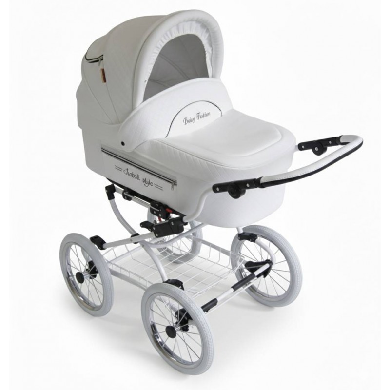 Piękny retro wózek dla dziecka 3w1 z fotelikiem Baby Fashion Isabell Biały wózek na białym tle.